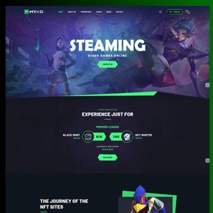 Op de afbeelding: Een donker vormgegeven gaming website interface genaamd MYKD met de tekst STEAMING VIDEO GAMES ONLINE, een navigatiemenu, toernooiresultaten voor Black Hunt en Sky Hunter, en een sectie genaamd THE JOURNEY OF THE NFT SITES met karakterillustraties.