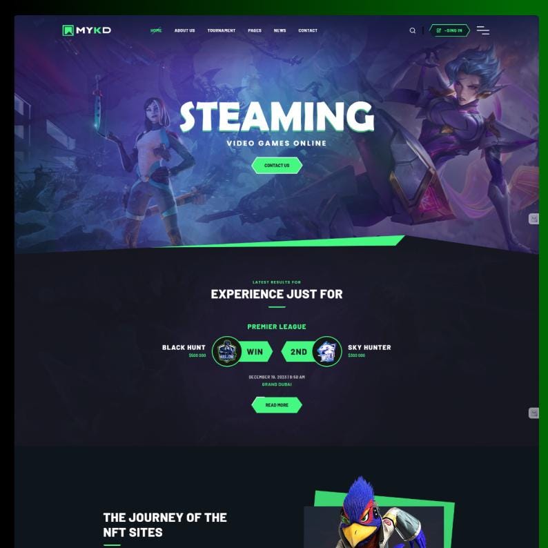 Op de afbeelding: Een donker vormgegeven gaming website interface genaamd MYKD met de tekst STEAMING VIDEO GAMES ONLINE, een navigatiemenu, toernooiresultaten voor Black Hunt en Sky Hunter, en een sectie genaamd THE JOURNEY OF THE NFT SITES met karakterillustraties.