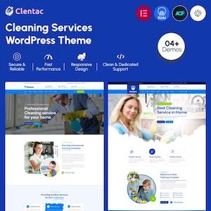 May include: A digital marketing graphic for the Clentac WordPress theme, featuring a blue background with white text, icons for features, and two website layout previews showcasing cleaning services with images of people cleaning.