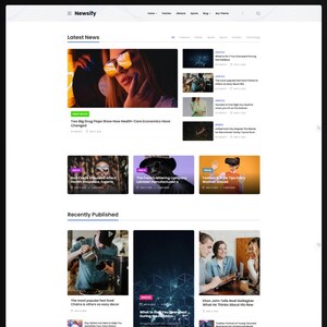 Puede incluir: Una interfaz de sitio web titulada Newsify que presenta un dise&ntilde;o de cuadr&iacute;cula de art&iacute;culos de noticias con varias im&aacute;genes en miniatura, titulares y etiquetas de categor&iacute;a que incluyen Lifestyle, Health, Sports y Travel, organizadas en las secciones Latest News y Recently Published.