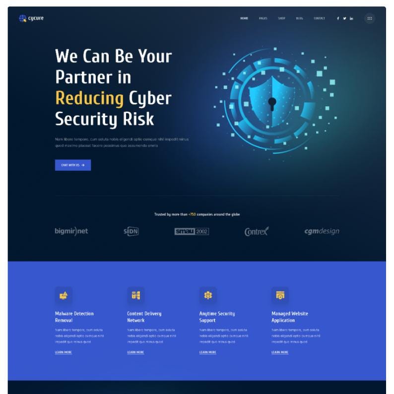 May include: A dark blue website landing page for Cycure featuring the text We Can Be Your Partner in Reducing Cyber Security Risk, a glowing blue shield icon, and four service sections including Malware Detection Removal and Content Delivery Network.