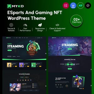 Op de afbeelding: Een digitale marketingafbeelding voor het MYKD ESports and Gaming NFT WordPress-thema. De groen-zwarte lay-out toont voorbeelden van website-interfaces met gamepersonages, tekstkoppen zoals STEAMING en diverse functie-iconen.