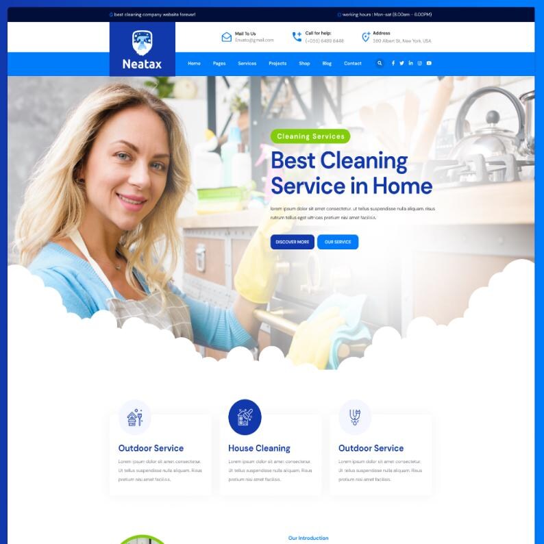 May include: A website landing page for Neatax cleaning services featuring a blue and white color scheme. The header displays contact details, navigation links, and the company logo. The main section includes text reading Best Cleaning Service in Home.