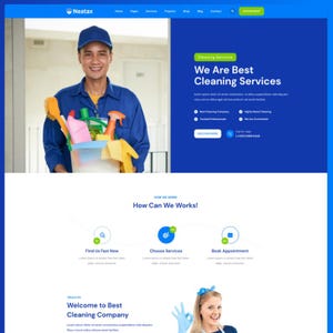 May include: A website landing page for Neatax cleaning services featuring a blue color scheme. The header displays navigation links and an appointment button. A worker in a blue uniform holds cleaning supplies. Text includes We Are Best Cleaning Services.