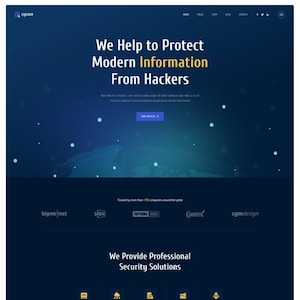 May include: A dark blue website landing page for Cycure featuring the headline We Help to Protect Modern Information From Hackers, a navigation menu, a call to action button, a list of company logos, and the text We Provide Professional Security Solutions.