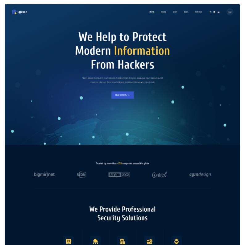 May include: A dark blue website landing page for Cycure featuring the headline We Help to Protect Modern Information From Hackers, a navigation menu, a call to action button, a list of company logos, and the text We Provide Professional Security Solutions.