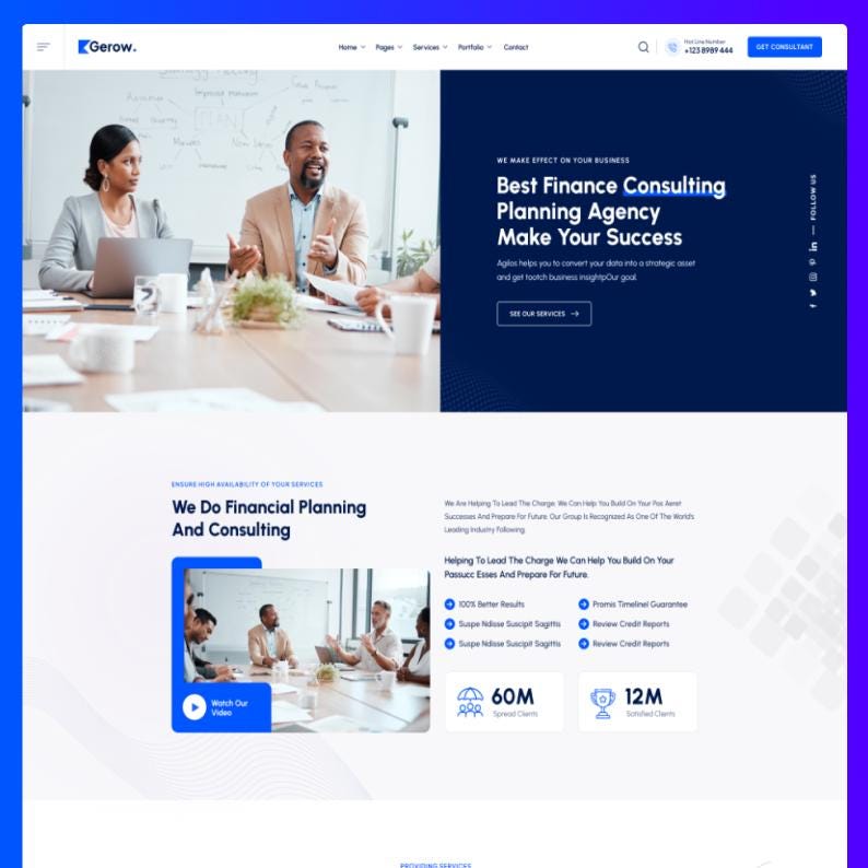 May include: A website landing page for Gerow finance consulting agency featuring a hero section with a business meeting image, text stating Best Finance Consulting Planning Agency Make Your Success, and a secondary section with service details.