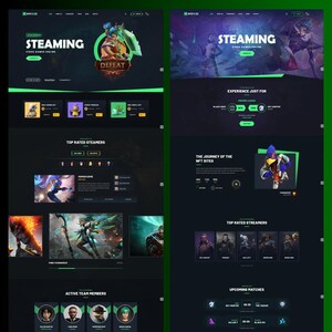 Op de afbeelding: Een donker vormgegeven website-interface voor MyKD met de tekst STEAMING VIDEO GAMES ONLINE. De lay-out bevat secties voor best beoordeelde streamers, actieve teamleden, aankomende wedstrijden en NFT-sites met diverse illustraties.