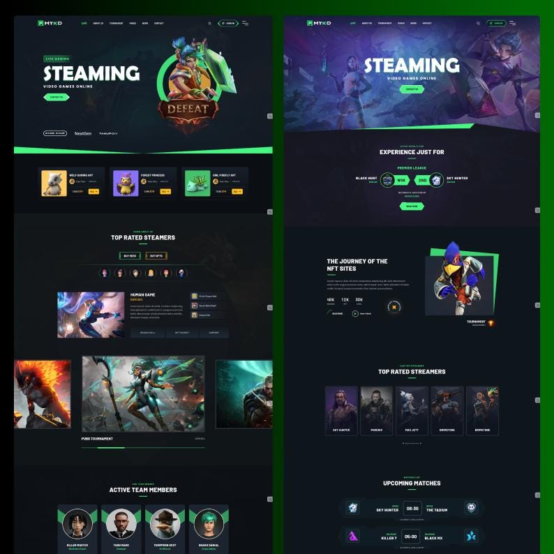Op de afbeelding: Een donker vormgegeven website-interface voor MyKD met de tekst STEAMING VIDEO GAMES ONLINE. De lay-out bevat secties voor best beoordeelde streamers, actieve teamleden, aankomende wedstrijden en NFT-sites met diverse illustraties.