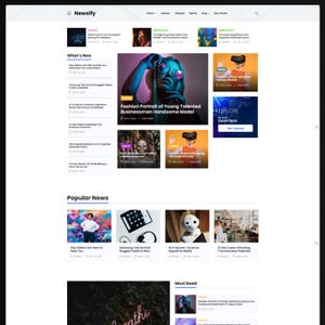 Puede incluir: Una interfaz de sitio web de noticias titulada Newsify que presenta un dise&ntilde;o de cuadr&iacute;cula con m&uacute;ltiples miniaturas de art&iacute;culos, titulares y categor&iacute;as. El dise&ntilde;o incluye una barra de navegaci&oacute;n, una secci&oacute;n destacada y secciones de noticias populares.