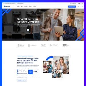 May include: A website landing page for Gerow, a software security company, featuring a hero section with a man and woman holding a tablet, navigation menus, a request a quote button, client logos, and sections detailing software services.