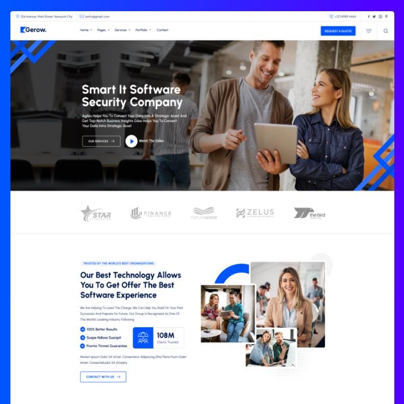 May include: A website landing page for Gerow, a software security company, featuring a hero section with a man and woman holding a tablet, navigation menus, a request a quote button, client logos, and sections detailing software services.