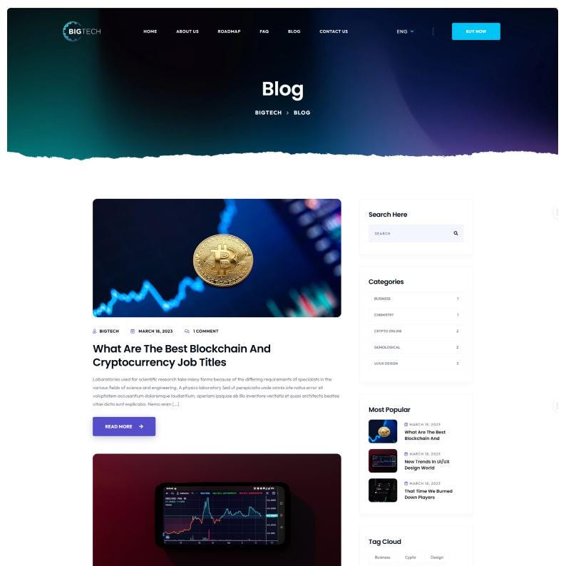 Puede incluir: Una interfaz de sitio web para un blog titulado BIGTECH que presenta una moneda Bitcoin dorada sobre un fondo de gr&aacute;fico digital azul, una barra de b&uacute;squeda, listas de categor&iacute;as y un dispositivo m&oacute;vil con un gr&aacute;fico de bolsa.