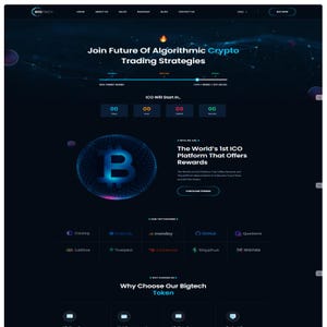 Puede incluir: Una interfaz de sitio web oscura para BigTech que presenta un icono de Bitcoin azul brillante, una barra de progreso para estrategias de trading de criptomonedas, un temporizador de cuenta regresiva para una ICO y logos de socios como Catalog y GitHub.