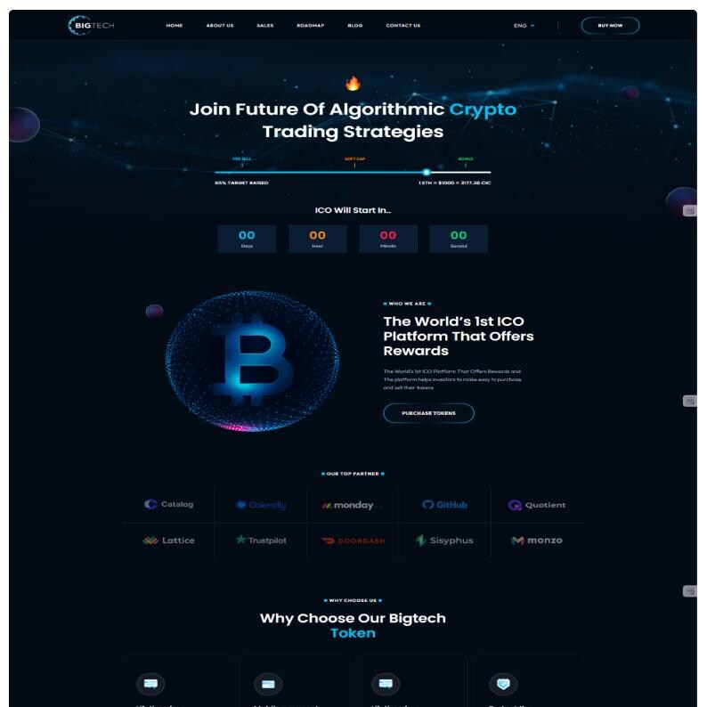 Puede incluir: Una interfaz de sitio web oscura para BigTech que presenta un icono de Bitcoin azul brillante, una barra de progreso para estrategias de trading de criptomonedas, un temporizador de cuenta regresiva para una ICO y logos de socios como Catalog y GitHub.