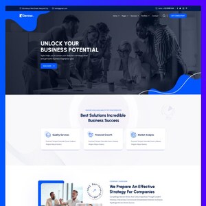 May include: A website landing page for Gerow featuring a dark-toned hero section with the text Unlock Your Business Potential, followed by a white section highlighting Quality Services, Financial Growth, and Market Analysis with blue accents.