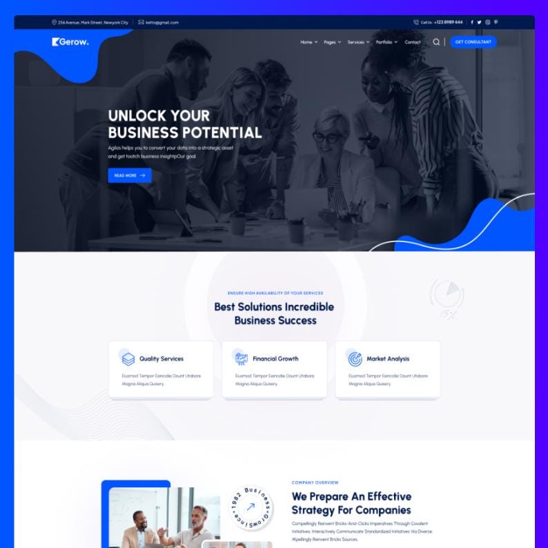 May include: A website landing page for Gerow featuring a dark-toned hero section with the text Unlock Your Business Potential, followed by a white section highlighting Quality Services, Financial Growth, and Market Analysis with blue accents.