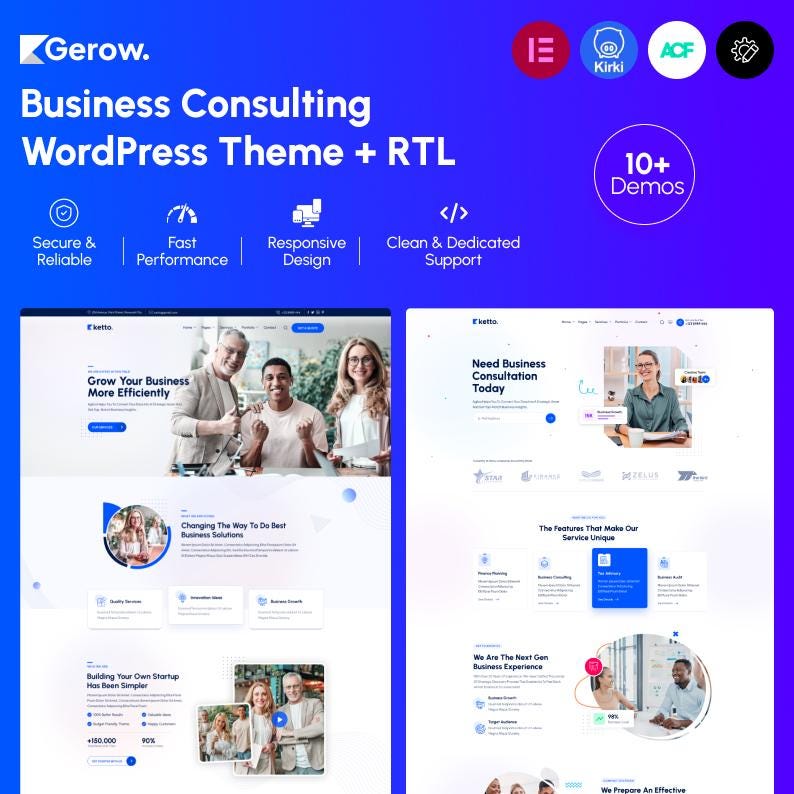 May include: A digital promotional graphic for the Gerow business consulting WordPress theme. The blue background displays text features, icons, and two website layout previews showing business professionals, service sections, and 10+ demos.