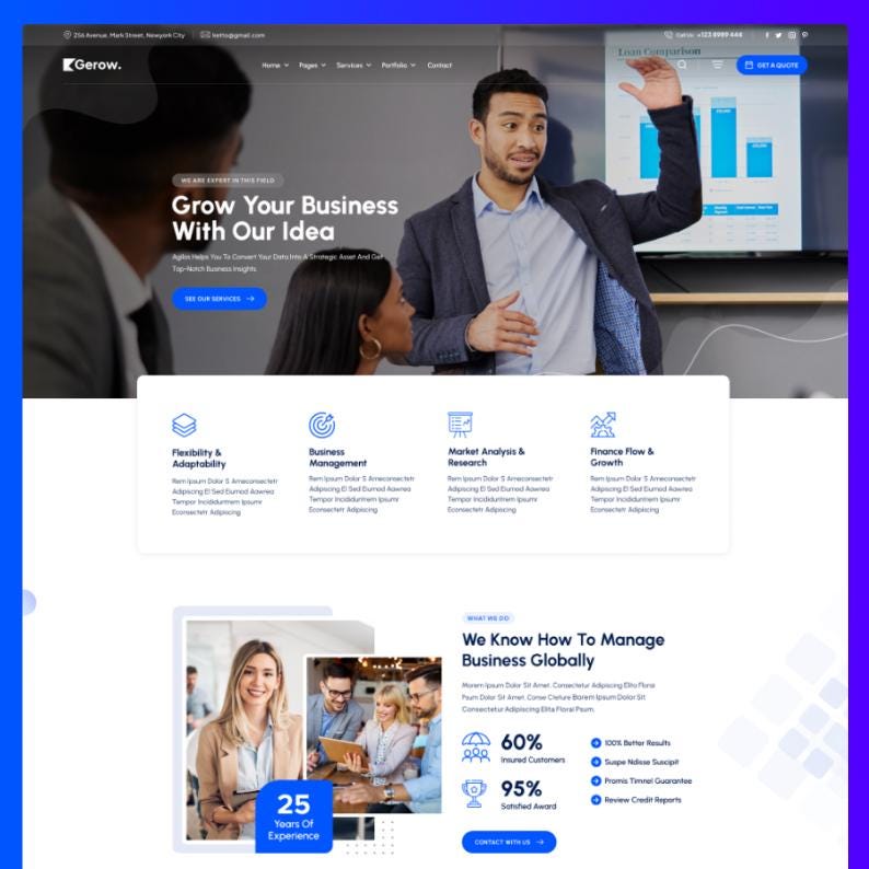 May include: A website landing page for Gerow featuring a business presentation with a man in a grey blazer, text reading Grow Your Business With Our Idea, service icons for flexibility, management, research, and finance, and a 25 years of experience badge.