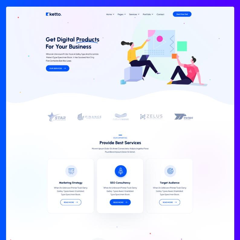 May include: A website landing page for ketto featuring a header with navigation, a hero section with an illustration of two people interacting with digital shapes, a client logo section, and three service cards for marketing, SEO, and target audience.