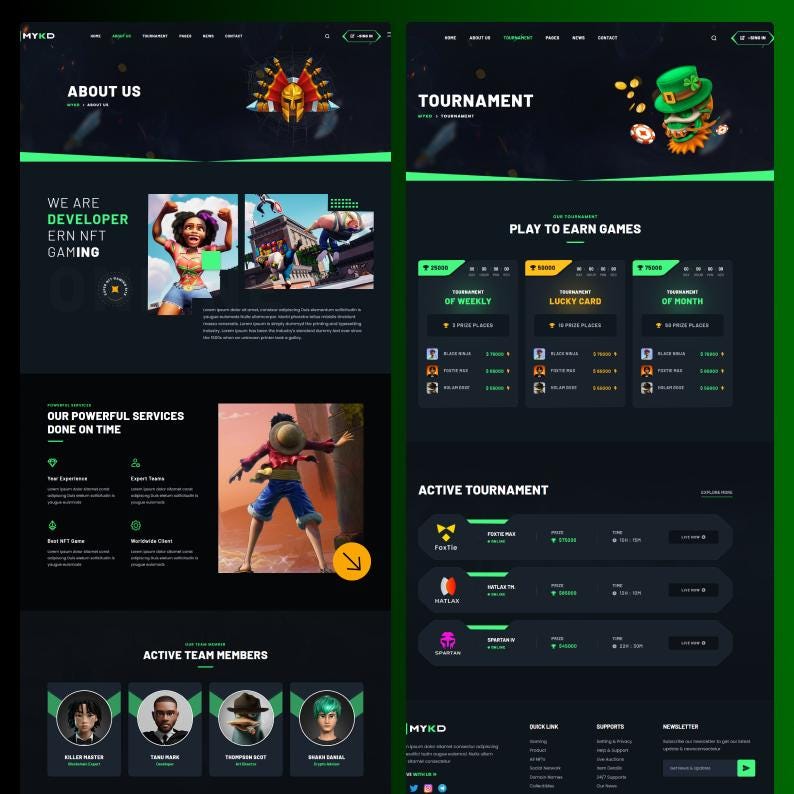 Op de afbeelding: Een donker vormgegeven website-interface voor een gamingplatform genaamd MYKD. De lay-out bevat secties voor Over ons, Toernooi, Play-to-Earn-spellen en actieve teamleden, met een zwarte achtergrond en heldergroene accenten en iconen.