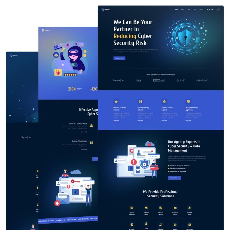 May include: A dark blue and black website landing page layout for a cybersecurity agency. The design features a shield icon, illustrations of a hacker, data protection graphics, and text including We Can Be Your Partner in Reducing Cyber Security Risk.