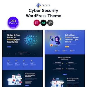 May include: A digital display of the Cycure Cyber Security WordPress Theme featuring two website layout examples in dark blue and gradient blue tones. The design includes text, icons, and illustrations of security shields and hackers.