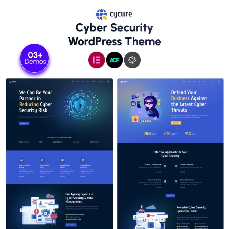May include: A digital display of the Cycure Cyber Security WordPress Theme featuring two website layout examples in dark blue and gradient blue tones. The design includes text, icons, and illustrations of security shields and hackers.