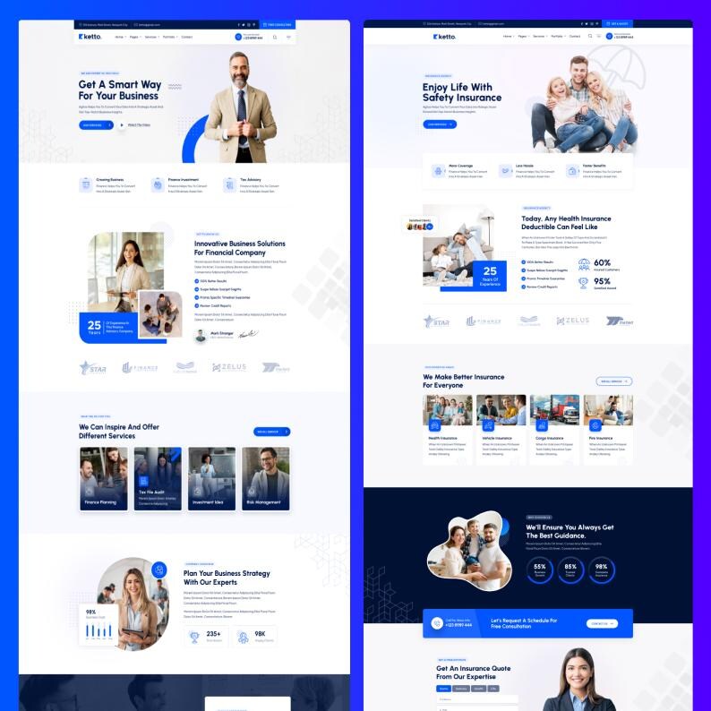 May include: A digital website interface design for a financial and insurance company named Ketto. The layout features blue and white color schemes, professional photography of people, service icons, text headers, and call-to-action buttons.