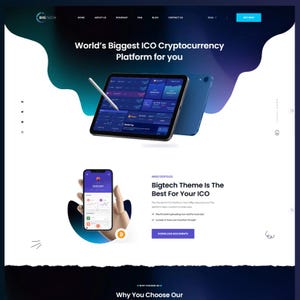 Puede incluir: Una p&aacute;gina de inicio de sitio web para Bigtech que presenta una tableta que muestra gr&aacute;ficos de criptomonedas con un l&aacute;piz &oacute;ptico, un tel&eacute;fono inteligente con una interfaz de aplicaci&oacute;n financiera y texto que incluye World's Biggest ICO Cryptocurrency Platform.