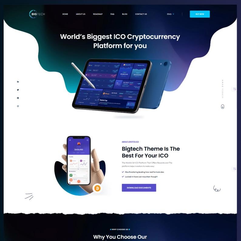Puede incluir: Una p&aacute;gina de inicio de sitio web para Bigtech que presenta una tableta que muestra gr&aacute;ficos de criptomonedas con un l&aacute;piz &oacute;ptico, un tel&eacute;fono inteligente con una interfaz de aplicaci&oacute;n financiera y texto que incluye World's Biggest ICO Cryptocurrency Platform.