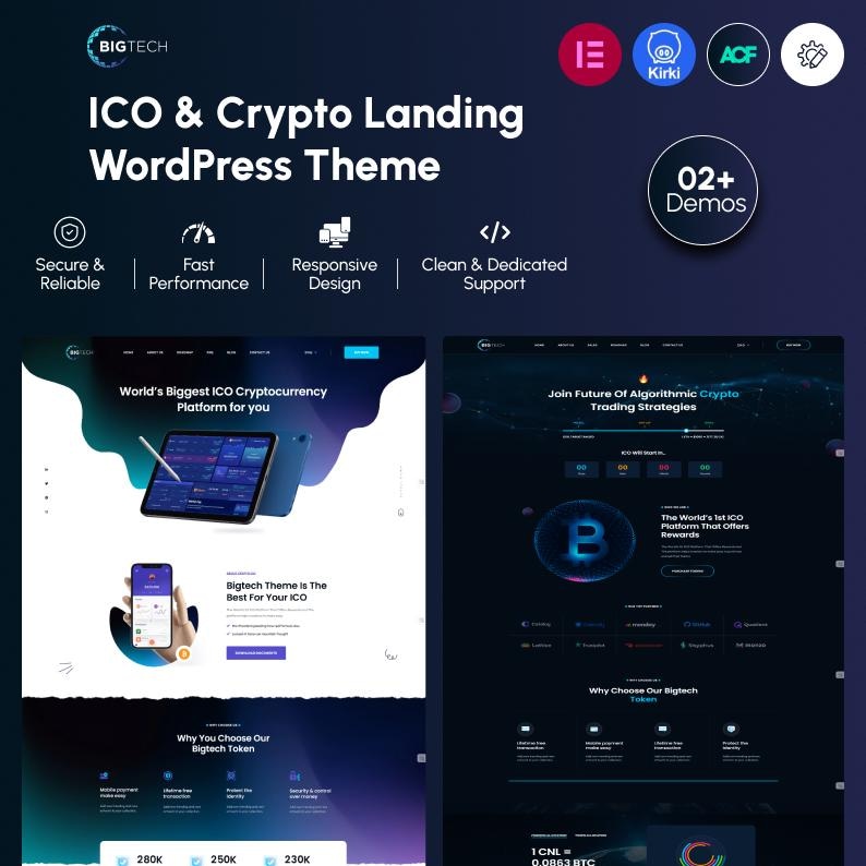 Puede incluir: Un gr&aacute;fico de marketing digital para el tema de WordPress BigTech ICO & Crypto Landing. La imagen muestra dos vistas previas de dise&ntilde;o de sitios web, iconos de funciones y texto que incluye 'Secure & Reliable' y '02+ Demos' sobre un fondo oscuro.
