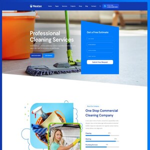 May include: A website interface for Neatax professional cleaning services featuring a mop and orange bucket, a contact form for free estimates, and a section detailing commercial cleaning company services with progress bars for cleaning and washing.