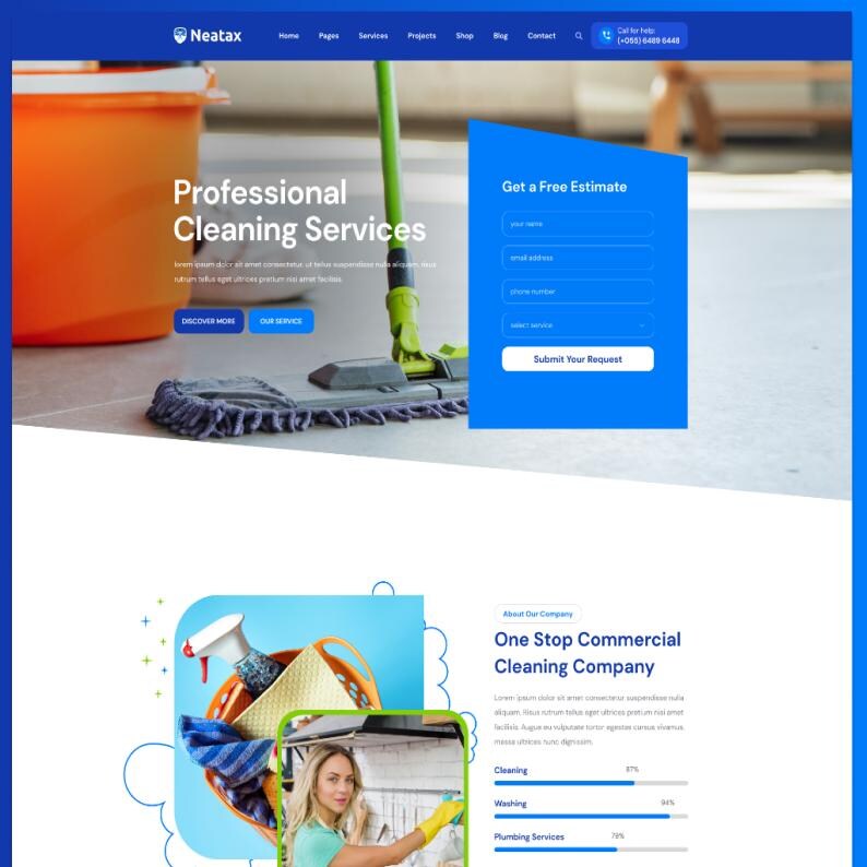 May include: A website interface for Neatax professional cleaning services featuring a mop and orange bucket, a contact form for free estimates, and a section detailing commercial cleaning company services with progress bars for cleaning and washing.