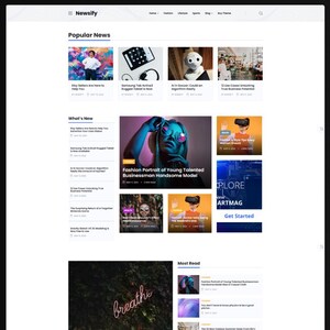 Puede incluir: Una interfaz de sitio web de noticias titulada Newsify que presenta un dise&ntilde;o de cuadr&iacute;cula de art&iacute;culos con titulares, fechas e im&aacute;genes en miniatura. La p&aacute;gina incluye secciones de noticias populares, novedades y m&aacute;s le&iacute;dos.