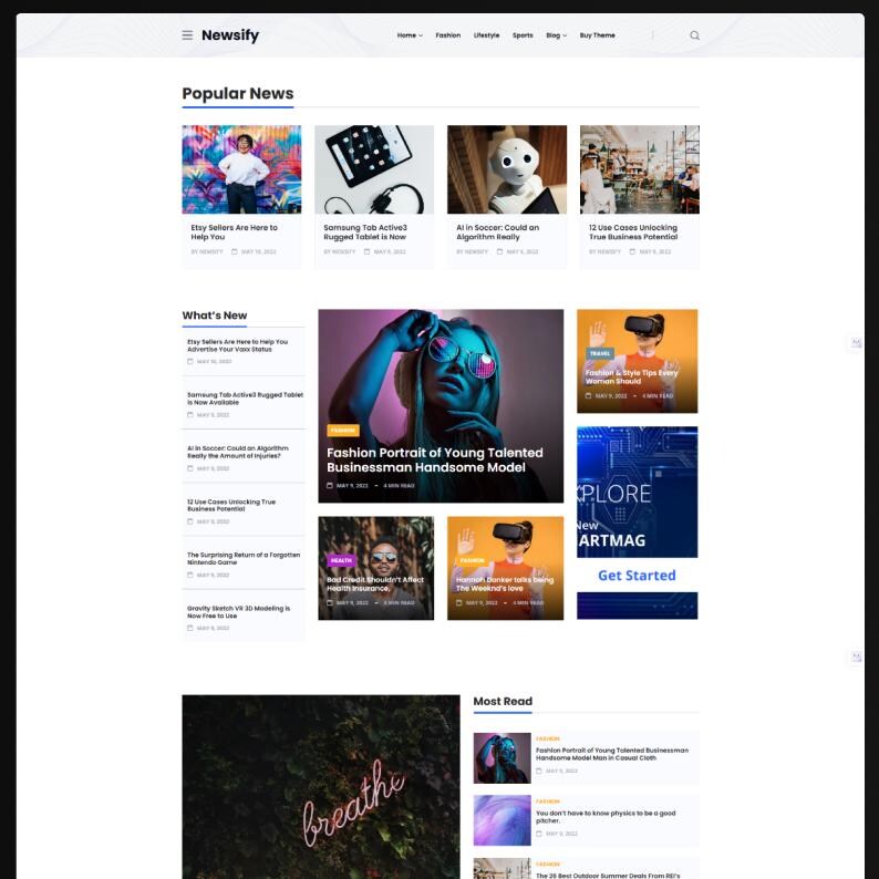 Puede incluir: Una interfaz de sitio web de noticias titulada Newsify que presenta un dise&ntilde;o de cuadr&iacute;cula de art&iacute;culos con titulares, fechas e im&aacute;genes en miniatura. La p&aacute;gina incluye secciones de noticias populares, novedades y m&aacute;s le&iacute;dos.