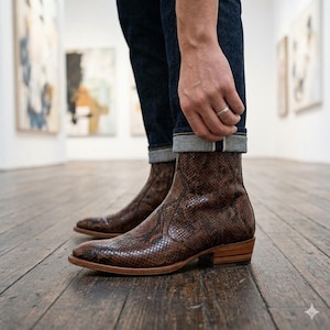 Può includere: Stivaletti in pelle di serpente marrone con punta affusolata e tacco in legno a strati. Gli stivali presentano una texture a scaglie di rettile in tonalità marrone chiaro e scuro, abbinati a jeans in denim blu scuro con risvolto visibile.