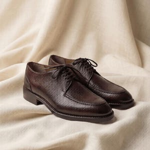 May include: A pair of dark brown leather shoes with a textured, pebbled surface. These lace-up shoes feature a rounded toe, a stitched apron front, and a low heel. The dark brown laces are tied, and the shoes have a smooth, dark brown sole.