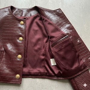 Burgundy Crocodile Embossed Leather Jacket, Luxury Cropped Oxblood Blazer, Women's Collarless Wine Red Short Coat, Premium Statement Jacket