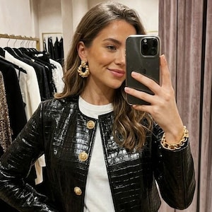 Black Crocodile Embossed Leather Jacket, Luxury Cropped Leather Blazer, Women Collarless Vintage Style Short Coat, Premium Statement Jacket