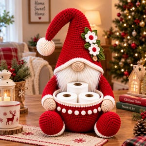 Patrón de cesta de papel higiénico con forma de gnomo a crochet, decoración de baño con gnomos, portarrollos de papel higiénico navideño, PDF digital