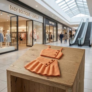 May include: A two-piece set consisting of a sleeveless, cropped, orange crochet top and a matching pleated orange crochet skirt. The top features three brown buttons on the front, and the skirt includes a diagonal waistband with three matching buttons.