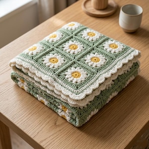 Può includere: Una coperta all'uncinetto piegata caratterizzata da un motivo quadrato ripetuto di margherite bianche con centri gialli su sfondo verde salvia, rifinita con un bordo smerlato bianco. Il tessuto è composto da quadrati di lana.