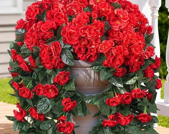 Red Faux Geranium Hanging Flowers, 2 Pcs UV Resistant Artificial Outdoor Plants for Porch Patio Garden Planters