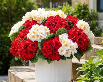 6 Pcs Artificial Geranium Flowers, UV Resistant Outdoor Faux Plants for Garden Porch Balcony Yard Decor