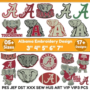 May include: A collection of Alabama Crimson Tide embroidery designs featuring elephants, the letter A, and text including Roll Tide, Bama, and Where Legends Are Made. The image displays 17+ designs in 5+ sizes ranging from 3 inches to 7 inches.