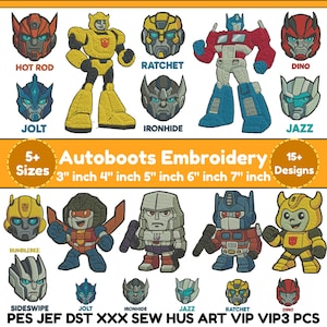May include: A collection of embroidered character designs featuring Transformers figures including Hot Rod, Bumblebee, Ratchet, Ironhide, Optimus Prime, Dino, Jolt, Jazz, Sideswipe, Starscream, and Megatron with text labels and file formats listed below.