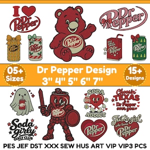 Dr. Pepper Machine Embroidered Design Vintage Soda Pop Art Cute Minimalist Soda Design Caffeine Lover Design Trendy Gift for Drink Fan 5Size