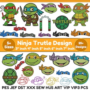 Puede incluir: Una colección de diseños de bordado digital con personajes de tortugas de dibujos animados, máscaras, armas y caparazones. El texto incluye "Ninja Trutle Design", "5+ Sizes", "25+ Designs", "3 inch 4 inch 5 inch 6 inch 7 inch" y formatos de archivo.