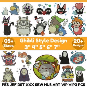 May include: A collection of twenty-plus digital embroidery designs featuring animated characters, including cats, spirits, and creatures. The text reads Ghibli Style Design, 05+ Sizes, 3" 4" 5" 6" 7", 20+ Designs, and file formats PES JEF DST XXX SEW HUS ART VIP VIP3 PCS.